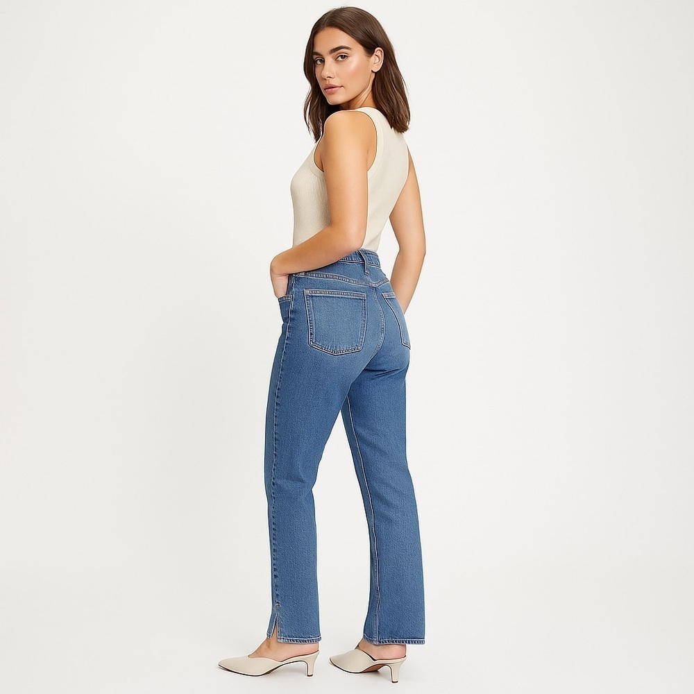 Good American ‘Good Boy’ Side-Slit Straight Jeans Blue941 (2/26) Rigid High Rise